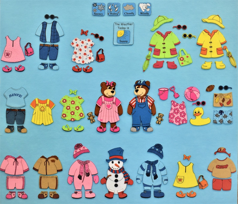 The Weather Bears Felt Board Set. Includes 2 adorable bears to dress. 75 pieces image 1