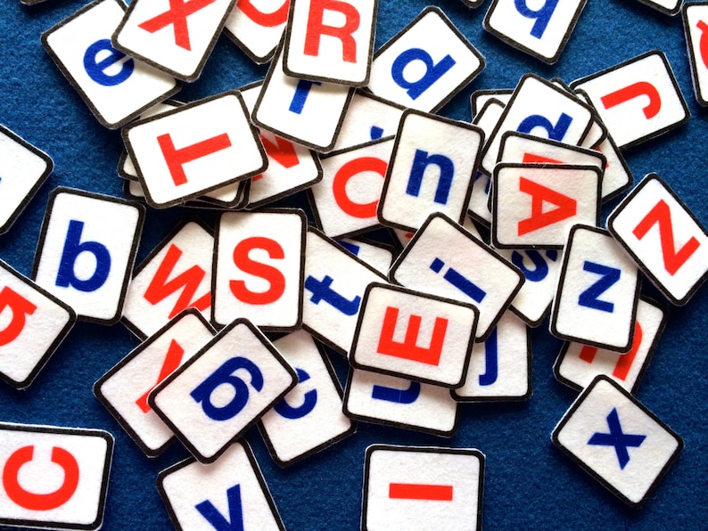 Puede incluir: Una colecci&oacute;n de fichas de letras en varios colores, incluyendo rojo, azul y blanco, con bordes negros. Las fichas est&aacute;n dispuestas en un patr&oacute;n aleatorio sobre una superficie azul.