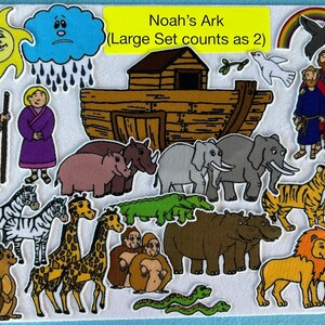 May include: A felt play set featuring Noah's Ark, animals, and people. The set includes a yellow sun, a blue cloud with raindrops, a rainbow, a dove, a black bird, two zebras, two giraffes, two hippos, two rhinos, two elephants, two tigers, two lions, two monkeys, a snake, a kangaroo, and two people. The set is labeled "Noah's Ark (Large Set counts as 2)".
