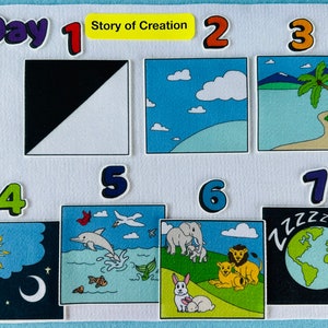 May include: A felt board with seven colorful squares depicting the story of creation. Each square has a number from 1 to 7 and an illustration. The illustrations include darkness and light, sky and water, land and plants, sun and moon, sea creatures, land animals, and a sleeping earth.