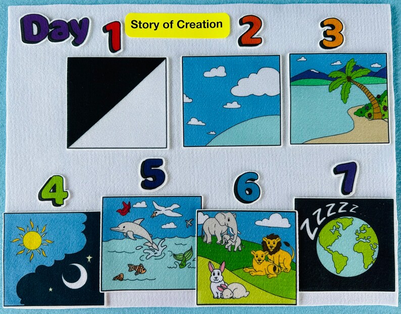 May include: A felt board with seven colorful squares depicting the story of creation. Each square has a number from 1 to 7 and an illustration. The illustrations include darkness and light, sky and water, land and plants, sun and moon, sea creatures, land animals, and a sleeping earth.