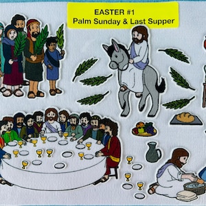 May include: Illustrated felt board set depicting the Palm Sunday and Last Supper stories. The set includes figures of Jesus, disciples, and a donkey. There are also palm branches, a table, bread, grapes, and a bowl of water.