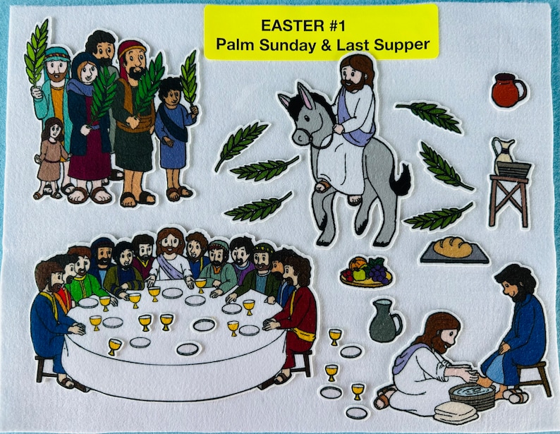 May include: Illustrated felt board set depicting the Palm Sunday and Last Supper stories. The set includes figures of Jesus, disciples, and a donkey. There are also palm branches, a table, bread, grapes, and a bowl of water.