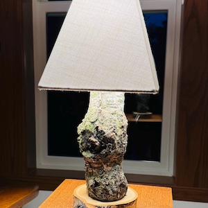 Puede incluir: Una lámpara de mesa con una base de corteza de árbol texturizada y nudosa con parches de musgo verde. La base se asienta sobre una rodaja de madera circular de color claro. Una pantalla de tela color hueso corona la estructura.