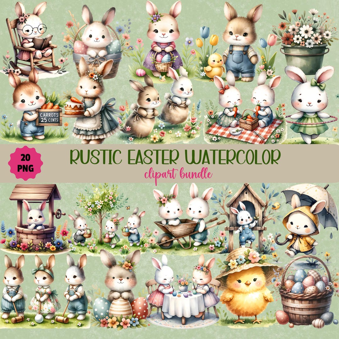 Rustic Easter Watercolor Clipart PNG Bundle, Highland Cow PNG, Spring ...
