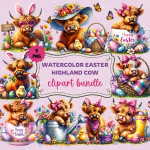 Op de afbeelding: Negen aquarel illustraties van Highland-koeien in verschillende poses met een paasthema. De koeien dragen konijnenoren, hoeden en strikken. Ze houden paaseieren, manden en gieters vast. De illustraties zijn omringd door bloemen en andere paasversieringen. De tekst "Happy Easter" staat op twee van de illustraties.