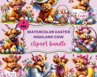 Highland Cow Easter Watercolor Clipart PNG Bundle, Highland Cow PNG, Spring clipart, Instant Download, Sublimation, Stickers, Commercial use