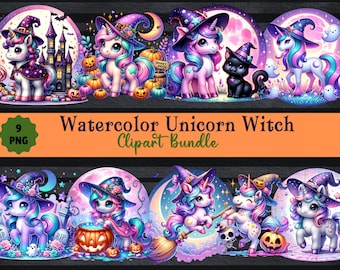 Könnte beinhalten: Eine Sammlung von neun Aquarell-Cliparts mit Einhorn-Hexen. Jedes Bild zeigt ein Einhorn mit Hexenhut, umgeben von Halloween-Elementen wie Kürbissen, einer schwarzen Katze und einem Spukschloss. Der Text "Watercolor Unicorn Witch Clipart Bundle" ist ebenfalls vorhanden.