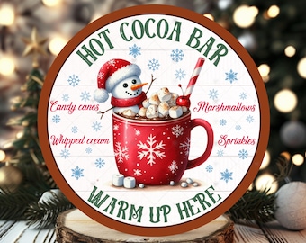 Hot Cocoa Bar Round Wreath Sign For Sublimation, Hot Chocolate Door Hanger, Christmas Wall Decor, Ornaments, Coasters, High Resolution PNG