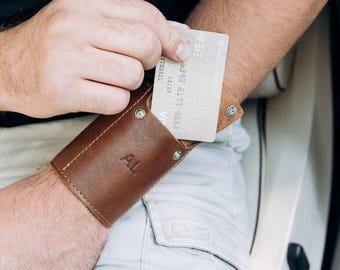 Leather Arm Wallet with Customization, Personalizable Wrist Wallet, Custom Leather Card Holder, Leather Wrist Pouch, Customizable Arm Wallet