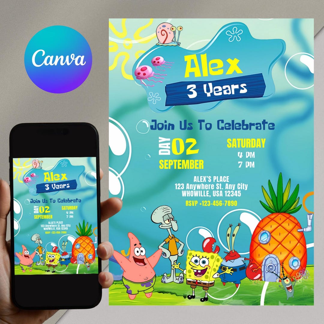 Printable Spongebob Birthday Invitation, Editable Sponge Bob Birthday Invitation Template ...