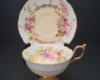 Foley Teacup and Saucer/Vintage 1950s/Gorgeous Peach Shade with Floral Sprays/Gold Gilt Handle, Foot and Accents/Made in England