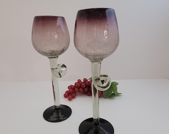 Hand-Made Crackled Art Glass Wine Glasses/Amethyst and Pale Green/Extra Tall/Romantic Gift/Gift for Her/Representational Art Glass