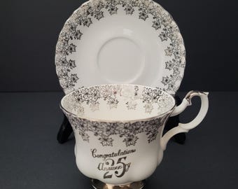 25th Anniversary Teacup and Saucer by Royal Albert - Vintage 1960s-70s - Silver Anniversary - Made in England