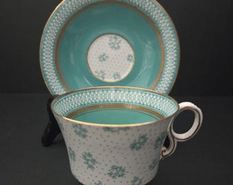 Paladin Teacup and Saucer by E. Hughes & Co. - Turquoise with Gold Rims and Accents, Polka Dots, Floral Sprays - Made in England