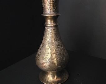 Old Antique Vintage Engraved Brass Vase/Peacock Theme/Made in India