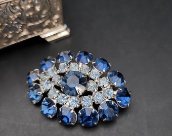 Vintage Cobalt and Powder Blue Rhinestone Brooch by Continental/Canadian Costume Jewellery/Navette/Marquise/Gift for Her/Lapel or Scarf Pin