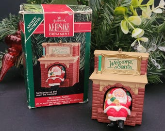 Hallmark Keepsake Ornament Welcome Santa 1990/Slides Down Chimney/Sculpted by Ken Crow/Artists' Favorites/Moving Parts/Made in China
