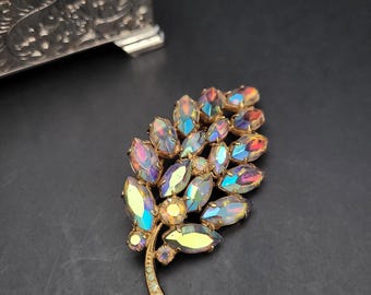 Gorgeous Vintage Leaf Shaped Aurora Borealis Navette/Marquise and Round Cut Rhinestone Brooch/Gold Tone and Rhinestone Pin/Gift for Her