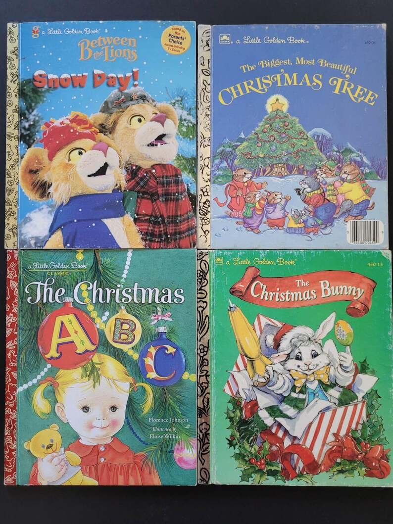 K&ouml;nnte beinhalten: Vier Vintage Little Golden B&uuml;cher. Titel sind "Between the Lions Snow Day!", "The Biggest, Most Beautiful Christmas Tree", "The Christmas ABC" und "The Christmas Bunny". Jedes Buch hat farbenfrohe Illustrationen.