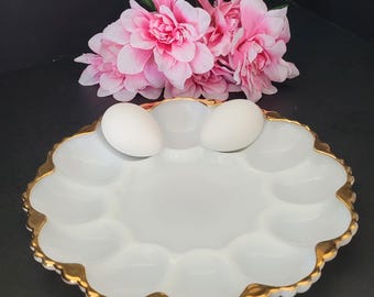 Anchor Hocking Milk Glass Deviled Egg Platter/Vintage 1950s-60s/Gold-Rimmed/Collectible Tableware/Simple Elegance/Made in USA