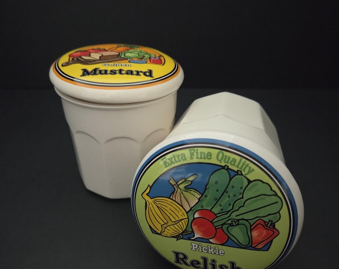Featured listing image: Relish and Mustard Storage Jars - Ceramic Condiment Canister - Retro Styling - Summer BBQs - Made in Japan.