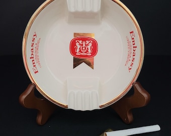 Vintage Promotional Ceramic Ashtray/Embassy Virginia Tipped Cigarettes/Company Logo on Gold Ribbon/Tobacciana/Tips Tray/Gift for Him/England