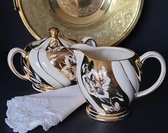 Vintage Sadler Gold Swirl Pattern #1700 Cream and Sugar/1930s-40s/Made in England/Hostess Gift/Floral Print
