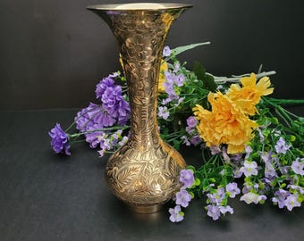 Exquisite Brass Vase with Hand Engraved Floral Motif/Hostess Gift/Bookshelf Decor/Made in India