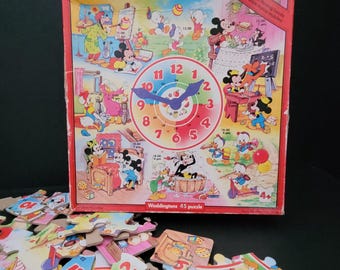 Vintage Disney Teaching Clock Puzzle/Waddington's 45 pieces/1983/Moving Clock Hands/Disney Fan/Memorabilia/Gift for Collector/England