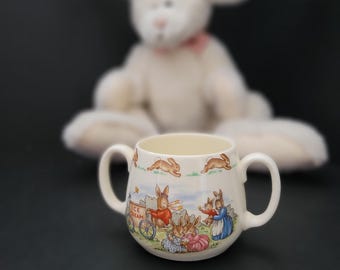 Bunnykins by Royal Doulton Double Handled Mug/Vintage 1970s/Ice Cream Cart and Traveler/Christening or Baby Shower Gift/Made in England