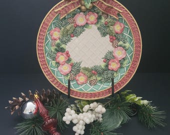 Fitz and Floyd Christmas Platter/Vintage Holiday Plate/Xmas Wreath - Flowers, Holly, Pinecones, Branches/3D Ribbon and Holly/Made in China