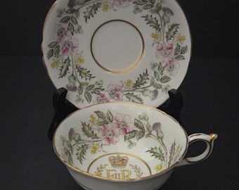 Paragon Double Warrant Teacup and Saucer Commemorating Queen Elizabeth II's Coronation - 1953 - Queen's Cypher EIIR - Made in England