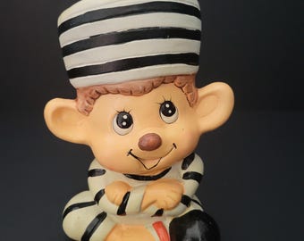 Kitschy Vintage Coin Bank/Hand Painted/Piggy Bank/1960's Retro/Monkey/Monchichi-style Prisoner Outifit by Gift Craft/Made in Taiwan