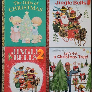 K&ouml;nnte beinhalten: Vier Vintage-Weihnachtsb&uuml;cher f&uuml;r Kinder. Titel sind "The Gifts of Christmas", "Jingle Bells" und "Let's Get a Christmas Tree!". Die B&uuml;cher zeigen farbenfrohe Illustrationen von Urlaubsszenen und -figuren, ideal f&uuml;r Sammler oder zum Lesen in der Weihnachtszeit.