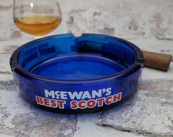 Vintage McEwan's Best Scotch Ashtray/Promotional Cobalt Blue Barware/McEwan's "Laughing Cavalier" Logo/Established 1857/Mancave/Tobacciana