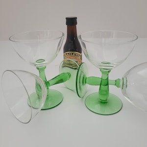 Four Small Green-Stemmed Sherry or Liqueur Glasses/Unmarked or Dated/Simple Elegance