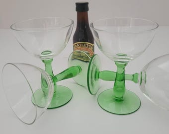 Four Small Green-Stemmed Sherry or Liqueur Glasses/Unmarked or Dated/Simple Elegance