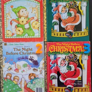 K&ouml;nnte beinhalten: Vier Vintage Little Golden B&uuml;cher mit Weihnachtsmotiven. Titel sind unter anderem "The Littlest Christmas Elf" und "The Night Before Christmas". Die B&uuml;cher zeigen farbenfrohe Illustrationen von Weihnachtsm&auml;nnern, Elfen und Kindern. Die Nummern 1, 2 und 3 sind an den Buchr&uuml;cken befestigt.