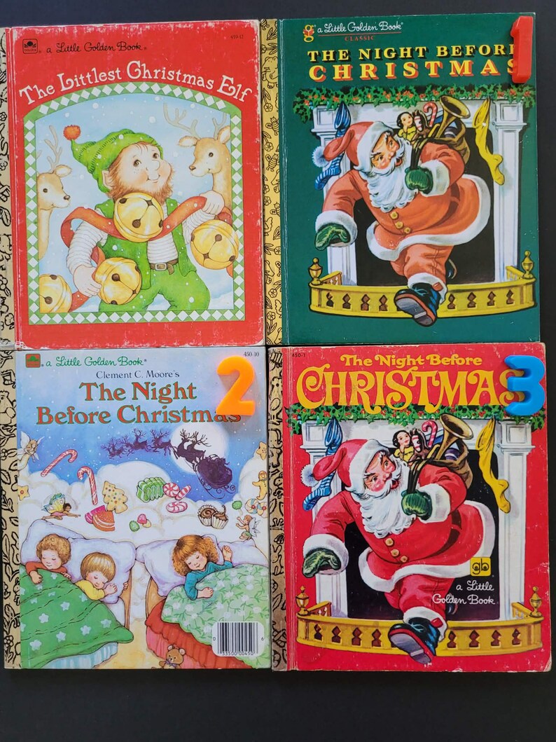 K&ouml;nnte beinhalten: Vier Vintage Little Golden B&uuml;cher mit Weihnachtsmotiven. Titel sind unter anderem "The Littlest Christmas Elf" und "The Night Before Christmas". Die B&uuml;cher zeigen farbenfrohe Illustrationen von Weihnachtsm&auml;nnern, Elfen und Kindern. Die Nummern 1, 2 und 3 sind an den Buchr&uuml;cken befestigt.