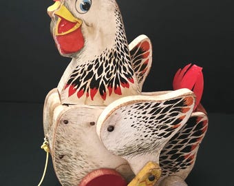 Vintage Fisher Price # 120 The Cackling Hen Pull Along - Collectible Nostalgic Toy - Sound and Movement - Mid-Century Pull Toy - Made in USA
