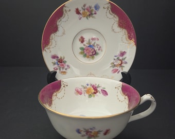 Antique Teacup and Saucer Set by Coalport - Circa 1900 - Floral Bouquet - Gold Gilding - Raspberry (light burgundy) Color - Made in England
