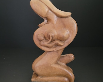Mother and Nursing Infant Child/Hand-Carved, Large Wooden Sculpture/Nude/Birth of Child/Breastfeeding/Wood Statue