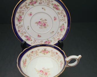 Stunning Antique Coalport Teacup and Saucer/circa 1890/Delicate Pink Roses/Navy and Gold/Gift for Her/Made in England