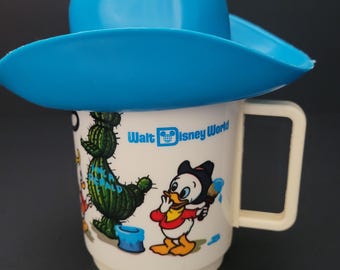 Walt Disney World Florida Child's Souvenir Sippy Cup/Western Hat Lid/DEKA 1980s vintage/Donald, Daisy, Huey, Dewey, Louie/Made in USA
