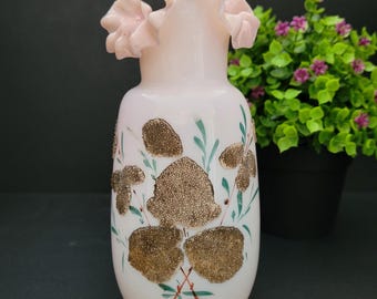 Pink Ruffled Coralene Glass Vase/Hand-Painted and Beaded Floral Design/Czechoslovakian Art Glass Bud Vase/Gift for Her
