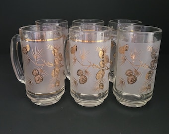 Dominion Glass Frosted and Gold Beer Mugs/Vintage Mid-Century Beer Mugs/Pine Cone Pattern 12 oz Steins/Made in Canada