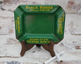 Dawe's Black Horse Ale and Porter Green Enamel Ashtray/1940s & '50s Barware/Promotional/Collectible Canadiana/Black Percheron/Made in Canada