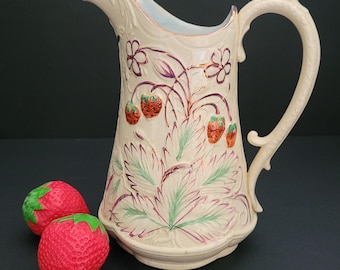 Darling Antique English Early 19th Century Water Jug/Antique Pink Lustre Strawberry Pitcher/Cottage Kitchen/Hostess Gift/Made in England