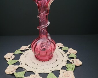 Stunning Cranberry Glass Vase Featuring Rigaree Vine, Berries, and Leaf/Ruffled Edge/Vintage Bud Vase/Gift for Her